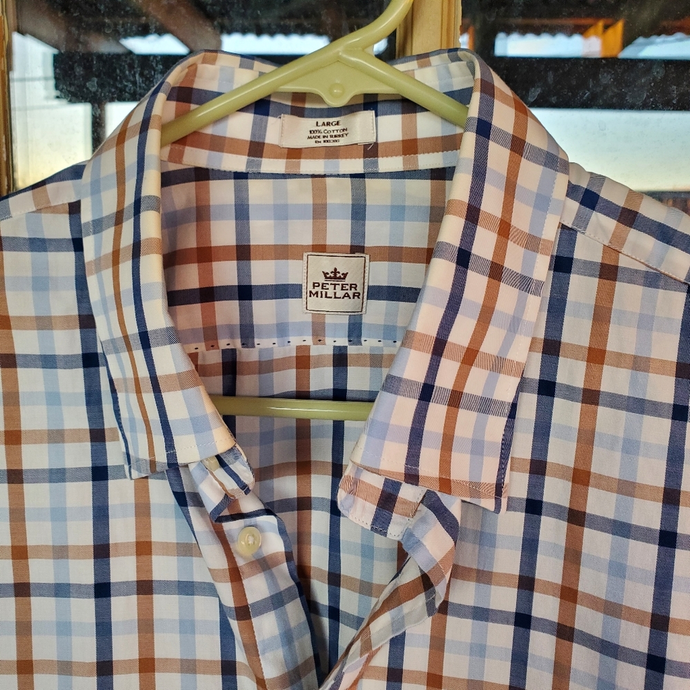 Peter Millar Shirt Mens Large Soft Blue Brown Checks Plaid Button up 100% Cotton